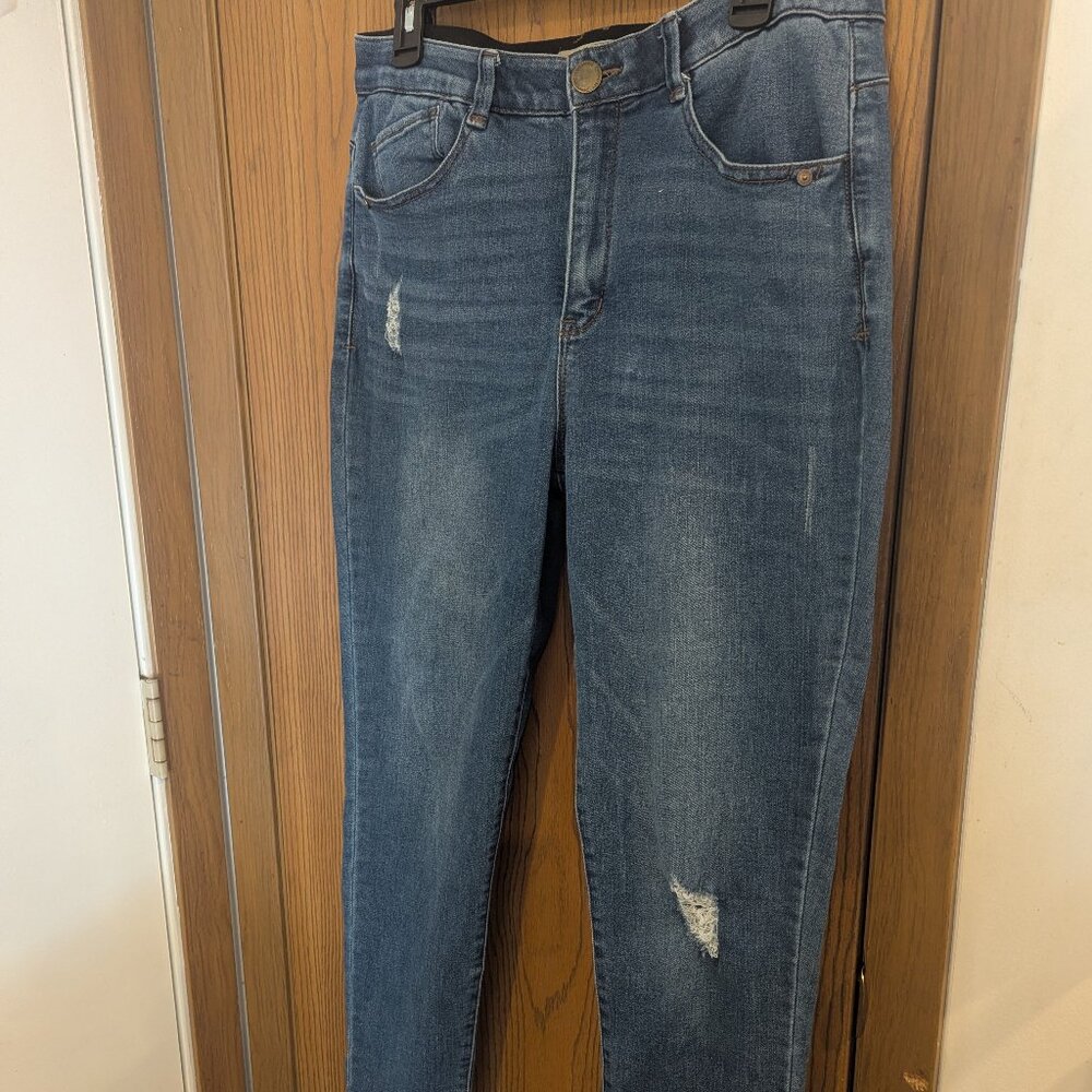 Democracy Distressed  "AB Technology" Tapered Leg Stretch Blue Denim Jeans- 10